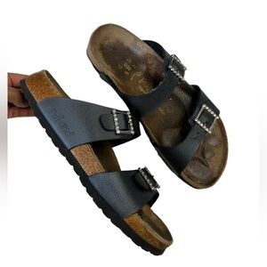 Papillio By Birkenstock Womens Black Sandals With Rhinestone Buckles Size L9 M7